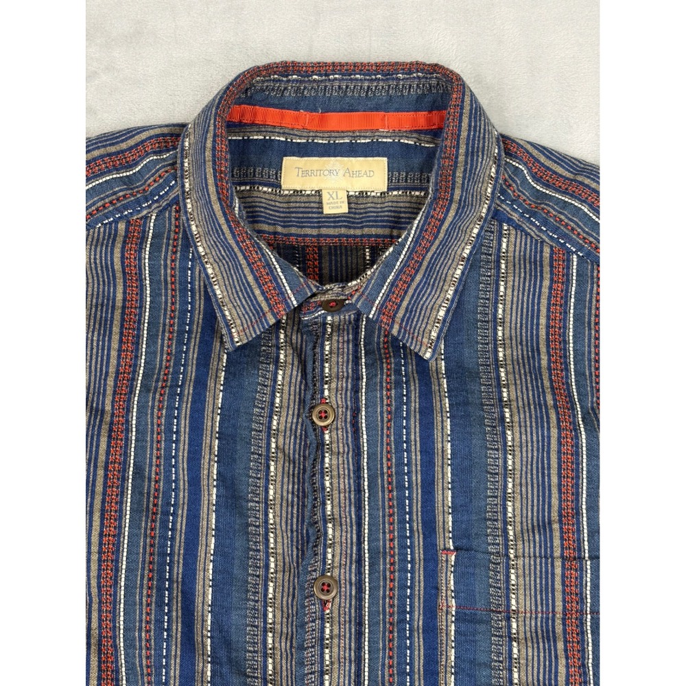 Territory Ahead Mens Button Down Shirt XL Blue Orange Stripe Long Sleeve